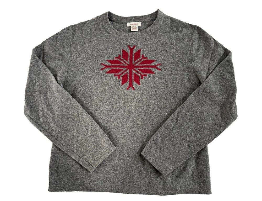 Sundance Gray Red Snowflake Crew Neck Knit Pullover Sweater Lambs Wool Blend L